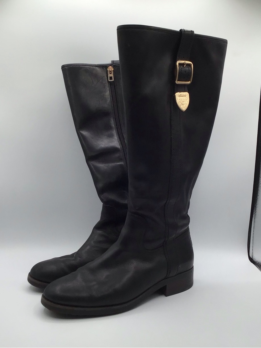 Coach Easton Black Leather Knee High Boots Womens Size 7.5 B Buckle Detail - Picture 2 of 10